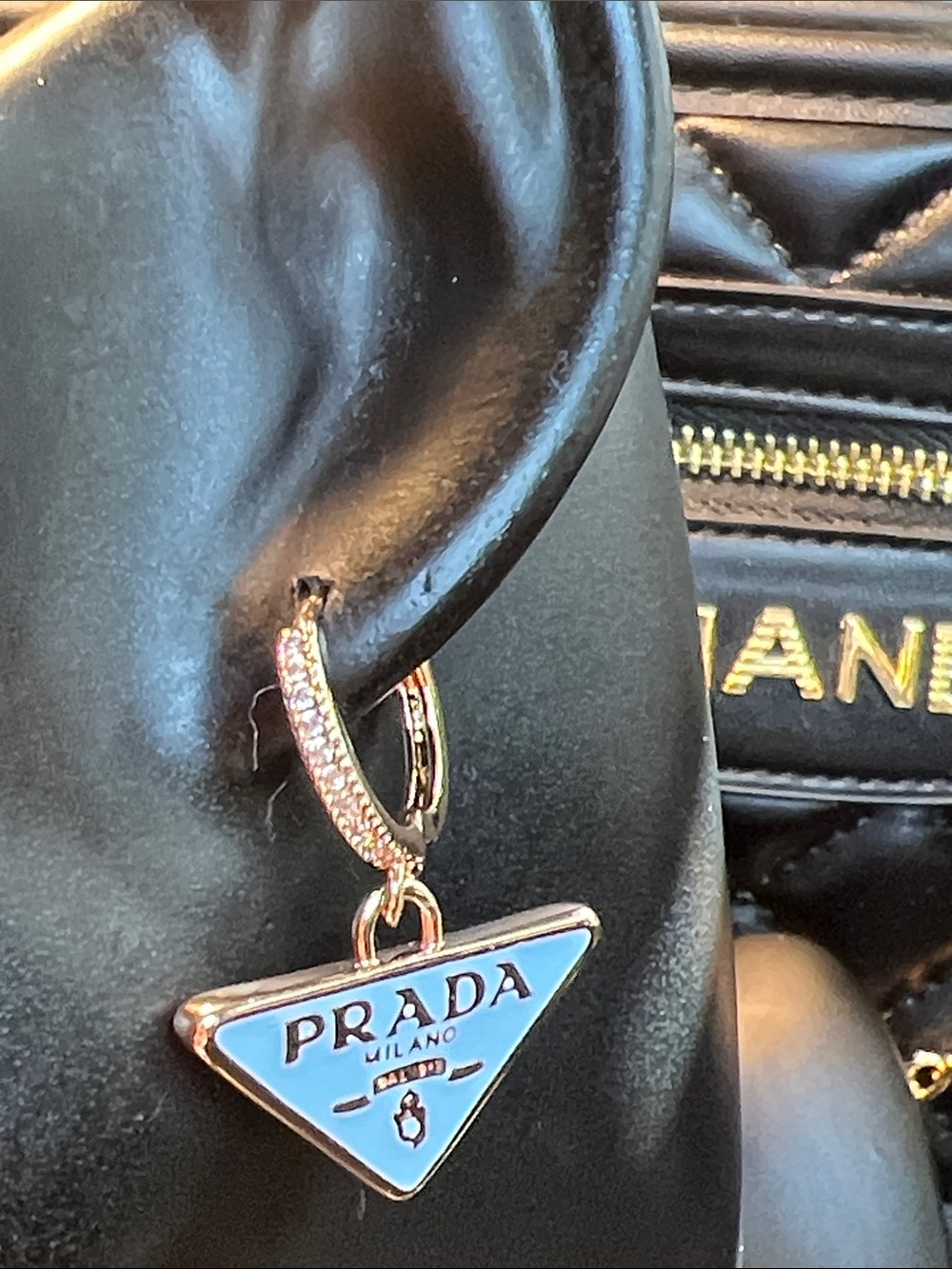 Blue and Gold Small Triangle Logo Charm Earrings